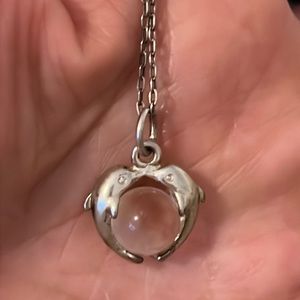 Vintage double dolphin glass ball sterling silver pendant & necklace 18” 925